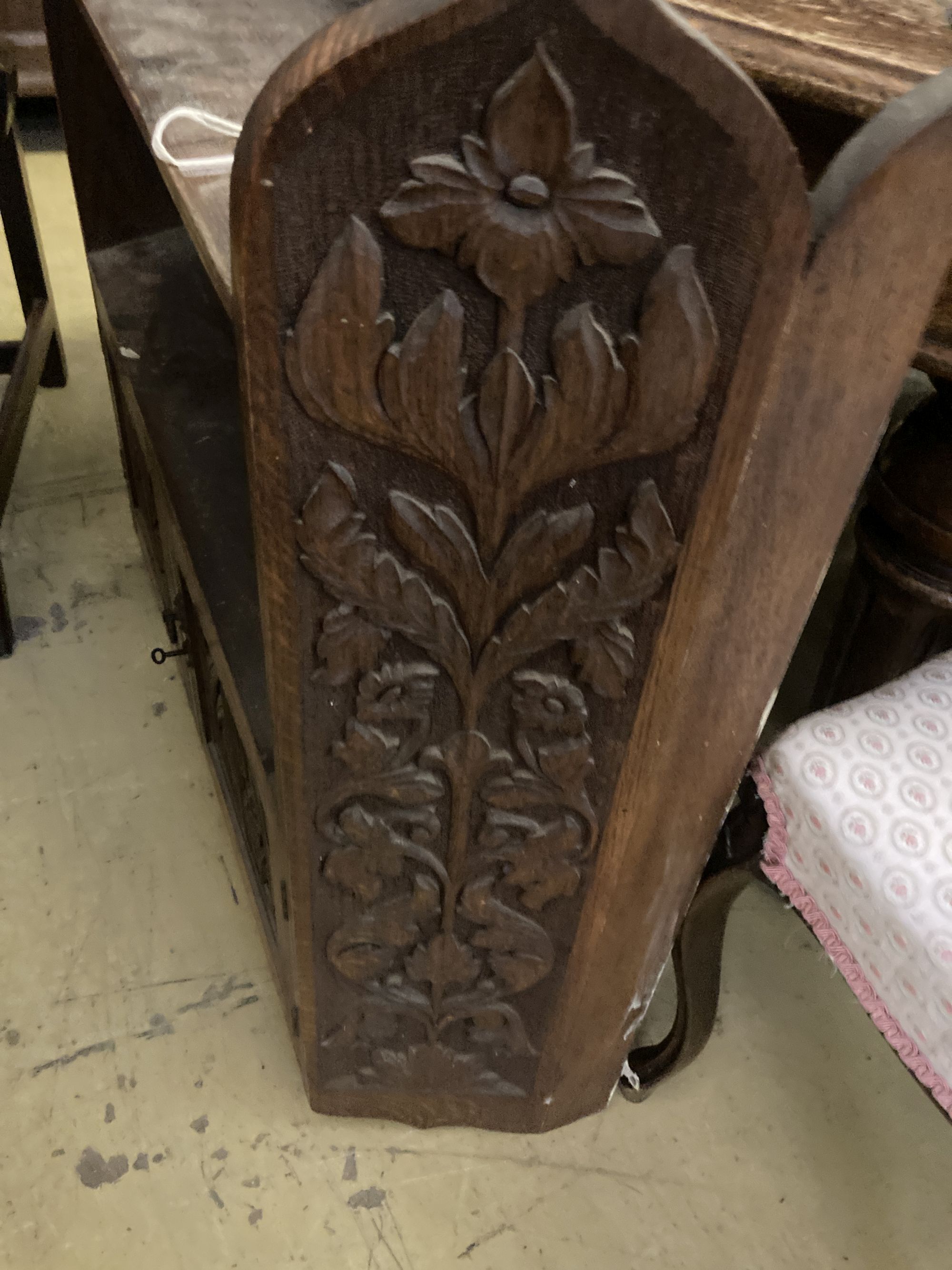 A Victorian carved oak wall cabinet, width 90cm, depth 23cm, height 80cm